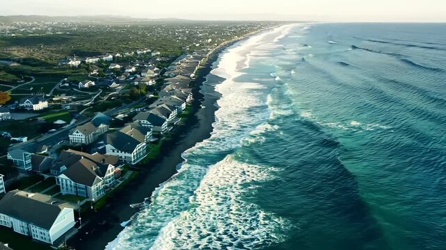 Aerial View up Over a Beach with Houses and a Boat in the Water