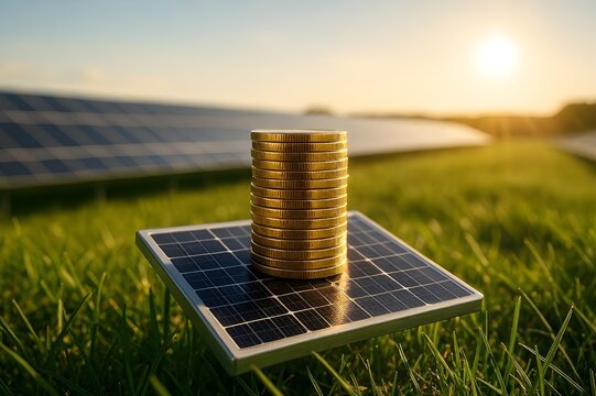 Solar energy panels on a house roof next to a growing stack of business investment currency coins
