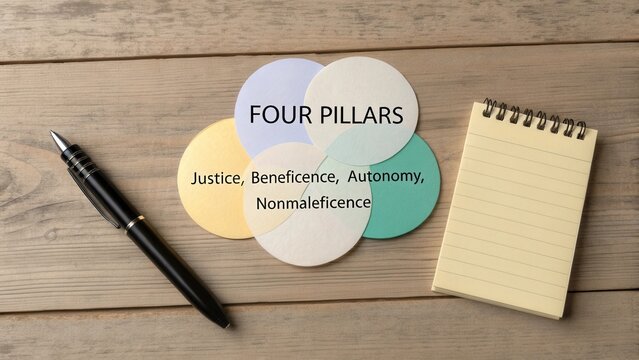 Four Pillars of Ethics Represented with Colorful Circles and Notepad on Wooden Table, Concept of Justice, Beneficence, Autonomy, Nomalevolence