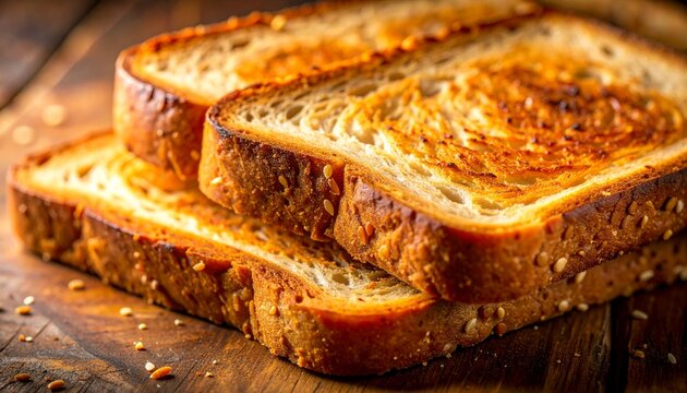 Close-up photograph of toasted whole grain bread with caramelized edges and visible grains - Powered by Adobe