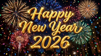 Luxurious Happy New Year 2026 golden text with spectacular fireworks display and falling confetti on dark background. Perfect for premium party invitations and upscale celebration marketing.