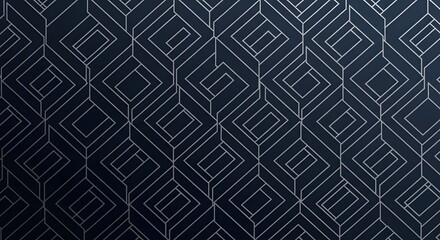 A digital abstract design featuring a repeating herringbone pattern of interlocking rectangular shapes. The rich navy blue background contrasts with the fine silver lines, creating depth and texture. 