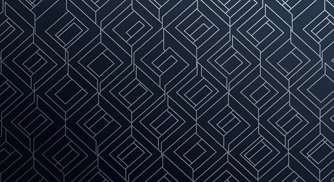 A digital abstract design featuring a repeating herringbone pattern of interlocking rectangular shapes. The rich navy blue background contrasts with the fine silver lines, creating depth and texture. - Powered by Adobe