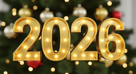 Illuminated 2026 sign against christmas tree background