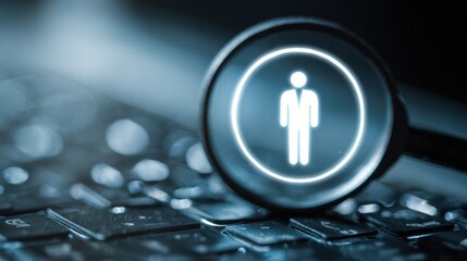 Magnifying Glass Highlights Person Icon on Laptop for Workforce Analysis and Talent Search Strategies