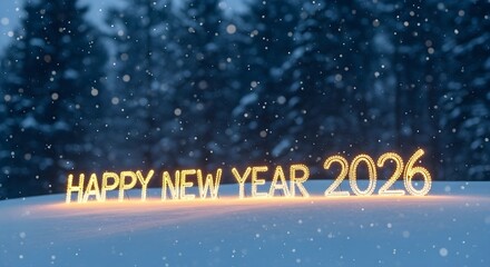 Happy new year 2026 in a snowy winter landscape