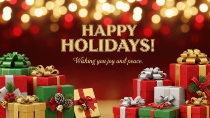 Happy Holidays banner with gift boxes, ornaments, and festive decorations