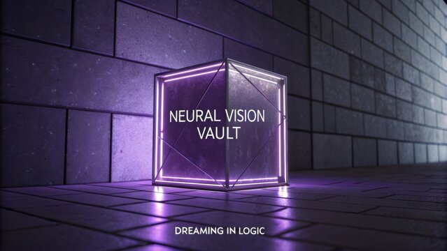 Futuristic glowing cube with neon lights set against a dark tiled wall in an abstract digital art aesthetic