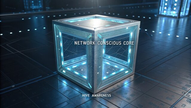 Futuristic holographic cube representing data processing and artificial intelligence in a digital networked environment