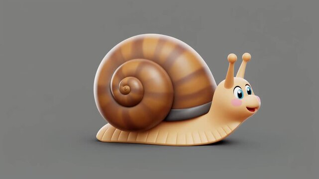 Cute cartoon snail with a brown spiral shell and pink cheeks on a grey background, rendered in a friendly style.