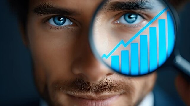 Man examining financial growth chart through magnifying glass