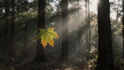 A single leaf suspended in mid-air against a sunlit forest backdrop