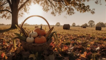 A rustic basket brimming with pumpkins and autumn harvest in a sunlit field