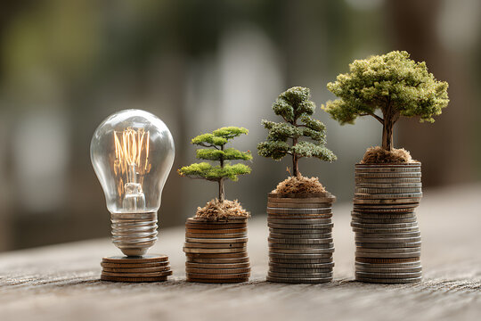 Energy saving. stacks of coins growing in light bulb and tree growing on stacks of coins and tree nature background. Saving, Natural energy and financial concept.
