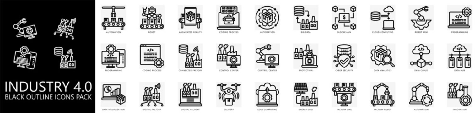 Industry 4.0 glyph icons pack. contain automation, coding, programming, control center, blockchain, protection, delivery, data and more. Vector for print, digital UI, UX kit, web and app development.