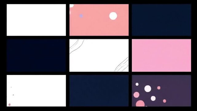 Abstract motion graphic featuring a 3x3 grid of minimal geometric panels with blinking dots, wavy lines, and solid blocks in a modern navy, pink, and white color palette.