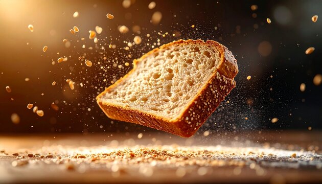 Close-up of whole grain bread slice with scattered grains falling mid-air, captured using professional studio lighting and bright high contrast backdrop