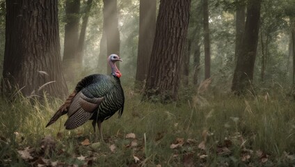 A wild turkey stands regally in a misty forest clearing amidst trees and sunlit foliage