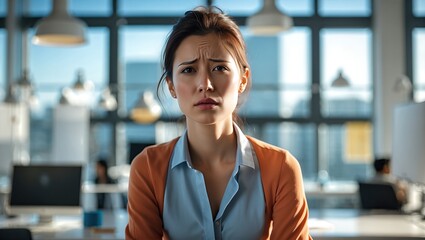 Portrait of a young woman with a concerned expression in a bright office environment