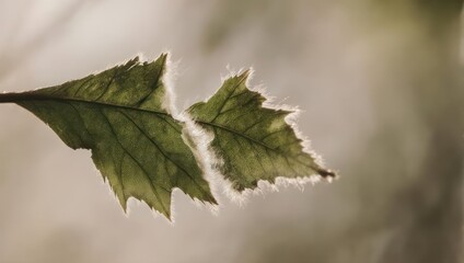 Close-up of two green leaves with wispy white edges, back-lit by sunlight