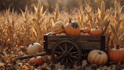 Wooden cart overflowing with pumpkins in a field of corn stalks, bathed in autumnal light