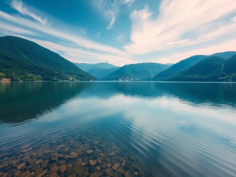 A tranquil lake reflecting the surrounding green hills and blue sky,  picturesque,  blue sky