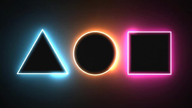 Neon Geometric Shapes Animation with Triangle, Circle, and Square Glowing in Vibrant Colors on a