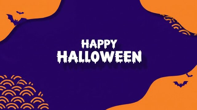 Modern abstract motion graphic featuring "Happy Halloween" text in a spooky font against a dark purple background, framed by fluid orange shapes, flying bat silhouettes, and decorative wave patterns.