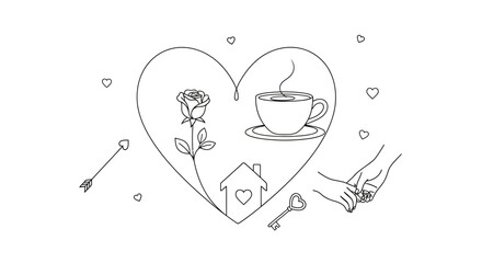 Valentine's Day Line Art Heart-Shaped Design with Rose, Coffee, House, Hands, and Arrows – Celebrating Love and Togetherness