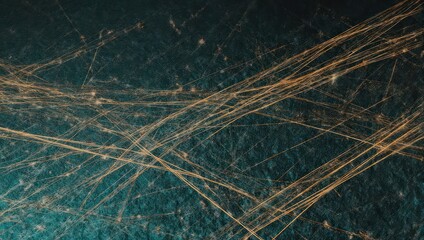 Abstract, textured artwork. Golden, swirling lines overlay a dark, mottled teal background