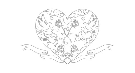 Detailed romantic heart artwork with graceful doves, elegant roses, and Cupid's arrows, symbolizing profound love and enduring passion, perfect for cherished declarations