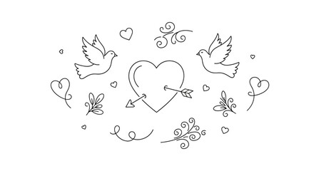 A beautiful set of hand-drawn wedding and Valentine's Day icons featuring a central heart with Cupid's arrow, two loving doves, and elegant floral swirls