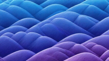 Abstract artwork featuring undulating, layered forms in shades of blue and purple, creating a sense of depth