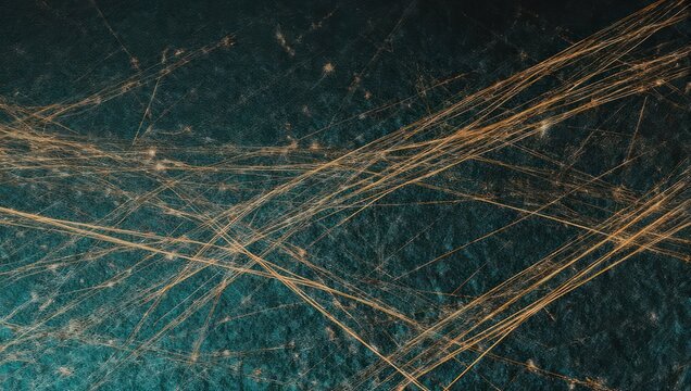 Abstract, textured artwork. Golden, swirling lines overlay a dark, mottled teal background - Powered by Adobe