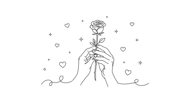Minimalist line art illustration featuring elegant hands tenderly holding a blooming rose, surrounded by delicate hearts and shimmering stars, symbolizing love and affection