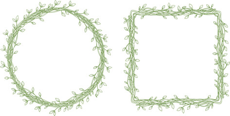Leafy vine frame illustration set, green botanical borders, oval and rounded rectangle, nature theme, decorative vector artwork