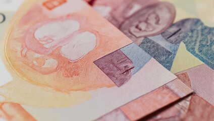 Close up of Ukrainian Hryvnia banknotes showing intricate details and colors.