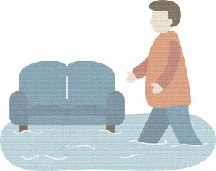 Man Walking Through Flooded Indoor Living Room
