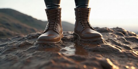 Sturdy boots stand on rocky terrain with a scenic backdrop, showcasing adventure and exploration.