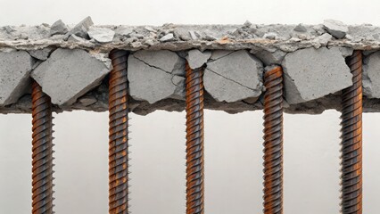 Concrete structure with exposed rebar and damaged sections, showcasing industrial decay.