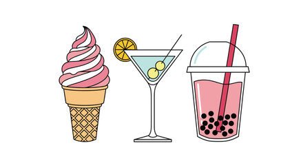 A vibrant collection of refreshing summer treats including swirled ice cream, a cool martini cocktail, and a delightful bubble tea.
