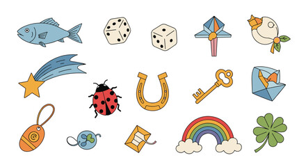 Obraz premium A collection of colorful illustrations depicting various symbols of luck and good fortune on a white background.