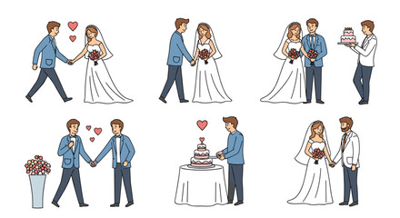 Naklejka premium Diverse cartoon illustrations depicting various couples, including same-sex pairs, celebrating their wedding day with cakes and flowers.