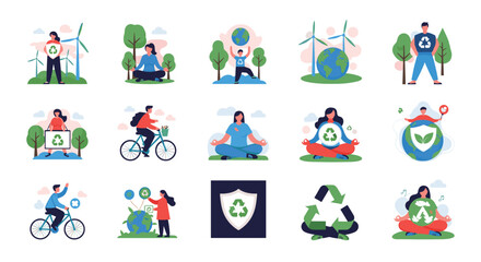 Fototapeta premium Collection of flat illustrations showing people committed to environmental protection, sustainable living, recycling, and green energy initiatives.