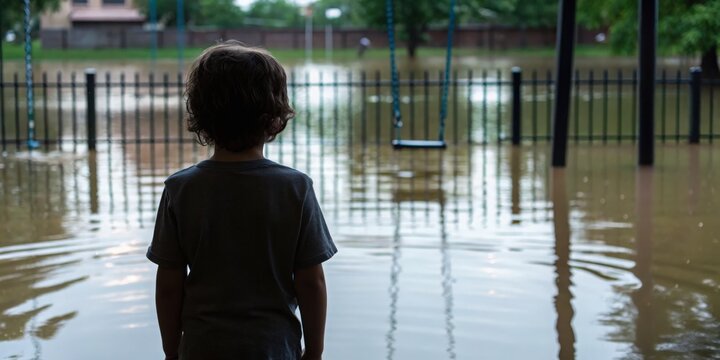 A child stands by a flooded playground, reflecting on the impact of rising water levels.
