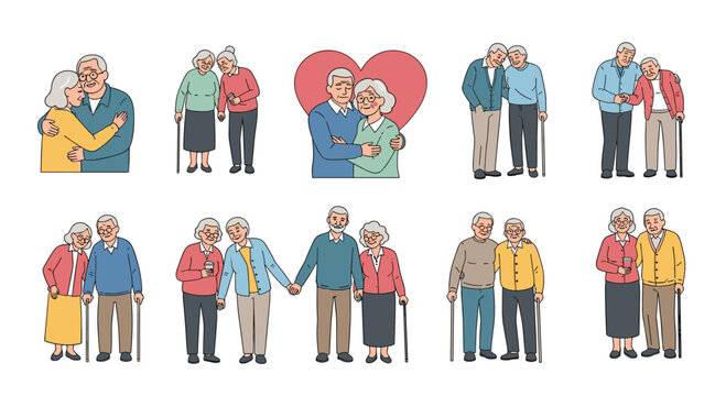 Heartwarming illustrations of diverse senior couples and friends expressing love, happiness, and mutual support in various poses. - Powered by Adobe