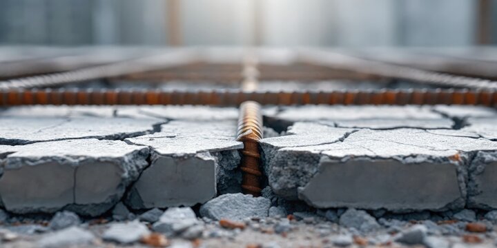 Cracked concrete surface with exposed rebar in an industrial setting.