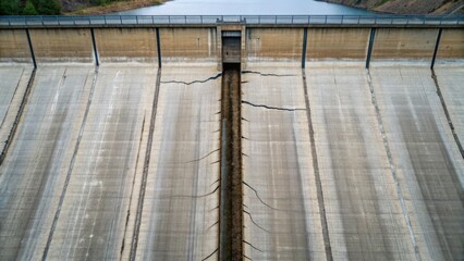 Concrete dam structure with water reservoir, showcasing textured surfaces and an expansive view.