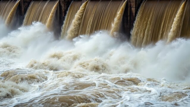 Rushing water cascades over a dam, creating frothy waves and a powerful natural display.