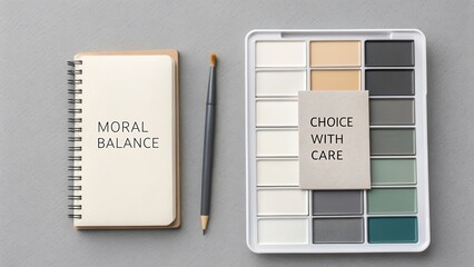 Minimalistic workspace with notebook, color palette, and pencil emphasizing moral balance and careful choices in design.